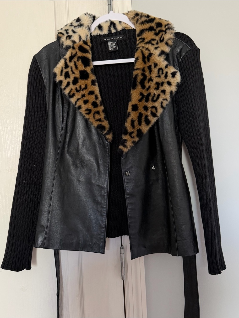 Vintage Maurice Sasson Leather Knit Jacket S Belted Leopard Faux Fur Y2K Mob